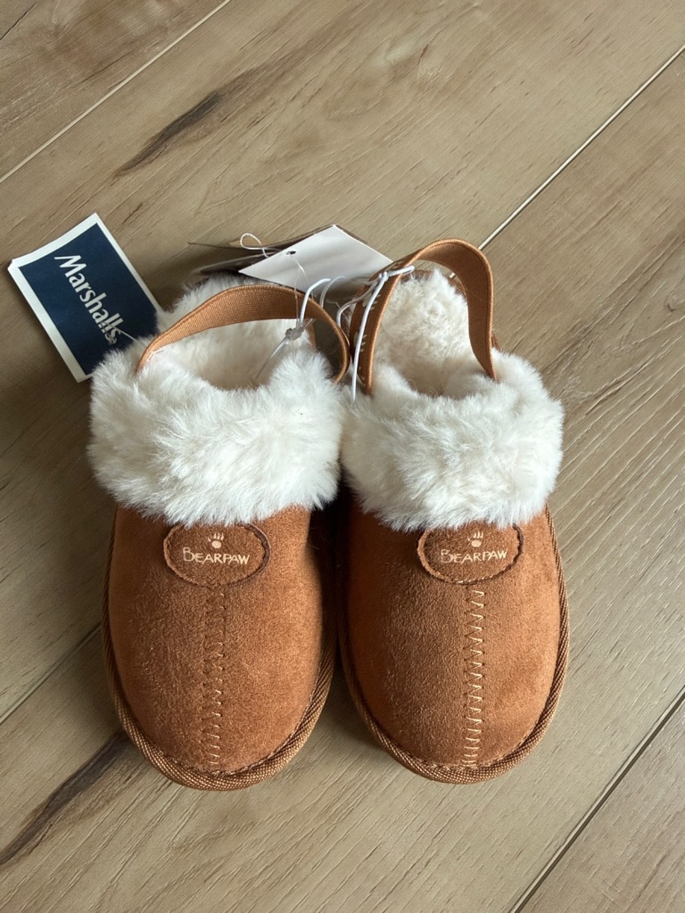 BearPaw Chestnut Suede Slip-On Slippers with Cream Fur Cuff